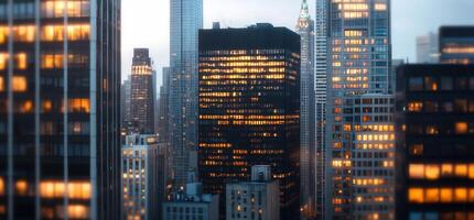 A city skyline with many tall buildings at dusk photo