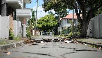A street with debris on the ground and a tree photo