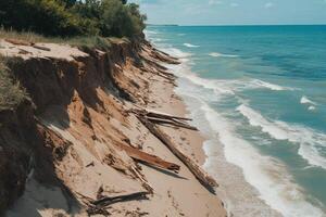 A beach with a cliff on the shore photo