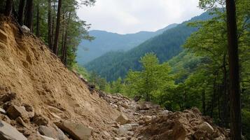 A dirt road with rocks and trees in the middle photo