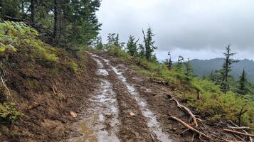 Muddy trail winding through a forested area on a cloudy day. photo