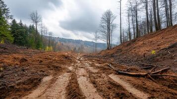 A muddy pathway in a deforested area with sparse trees and clouds. photo