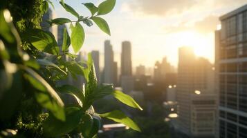 A close-up of green leaves with a city skyline at sunset in the background. photo