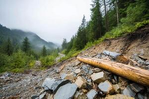 A serene forest landscape with rocky terrain and misty mountains. photo