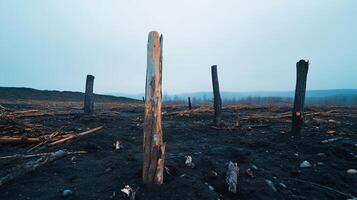 A desolate landscape with burnt trees and blackened ground. photo