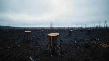 A desolate landscape of tree stumps after a forest fire. photo