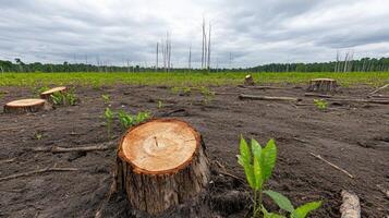 Deforested area with tree stumps and sparse vegetation under cloudy sky. photo
