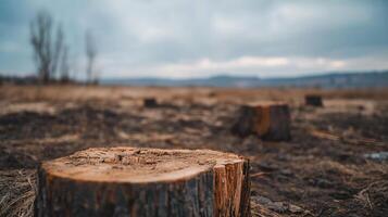 A close-up of a tree stump in a barren landscape under cloudy skies. photo