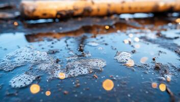 un de cerca de agua con burbujas y reflexiones en un lodoso superficie. foto