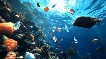 Underwater scene showing marine life amidst floating plastic waste. photo