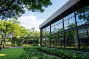 Modern building with glass facade surrounded by lush greenery. photo