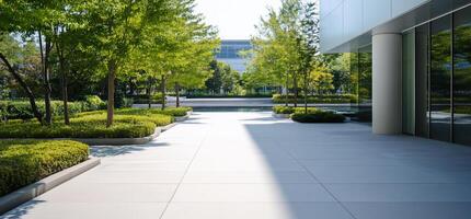 A serene outdoor space with trees and modern architecture. photo