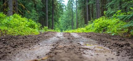 A muddy forest path surrounded by tall trees and greenery. photo