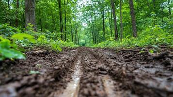 A muddy path through a lush green forest, inviting exploration. photo