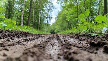 A muddy path through a green forest, inviting exploration and nature walks. photo