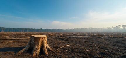 A deforested landscape with a tree stump and hazy background. photo
