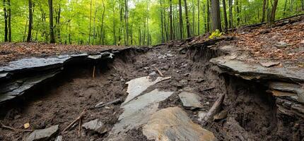 A forested area with a deep, eroded pathway and rocky terrain. photo