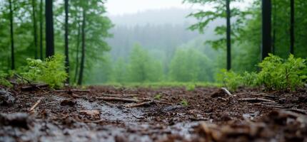 A misty forest scene with wet ground and lush greenery. photo
