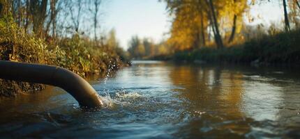 A tranquil stream with a pipe discharging water amidst autumn foliage. photo