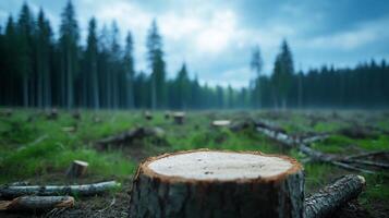 A forest clearing with cut tree stumps under a moody sky. photo