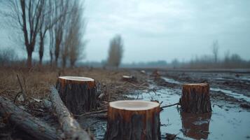 Stumps in a muddy landscape under a cloudy sky. photo