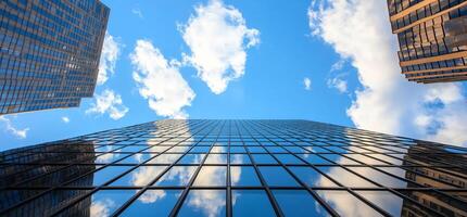 A view of skyscrapers reflecting the sky and clouds. photo