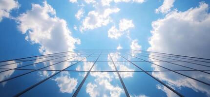A reflective skyscraper reaching towards a bright blue sky with clouds. photo