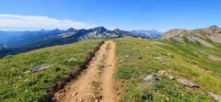 Scenic mountain trail with lush greenery and distant peaks. photo
