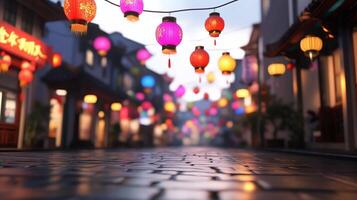 A vibrant street adorned with colorful lanterns, creating a festive atmosphere. photo