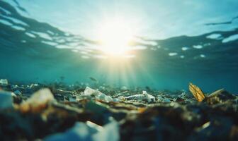 Underwater scene showing sunlight filtering through water over debris. photo