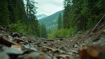 A serene forest landscape with a mountain backdrop and a dirt path. photo
