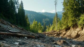 A serene forest landscape with a visible clearing and distant mountains. photo