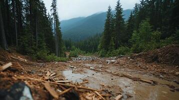 A muddy forest landscape with trees and mountains in the background. photo