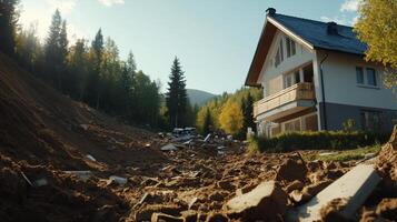 A house near a landslide, surrounded by disturbed earth and trees. photo