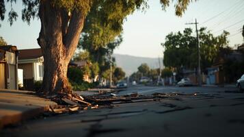 A quiet street scene with a tree and damaged pavement in the foreground. photo
