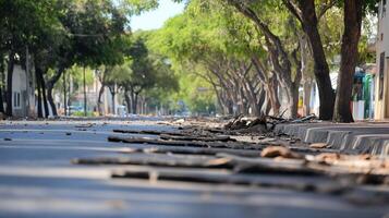 A deserted street lined with fallen branches and trees. photo