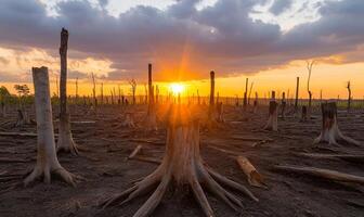 The sun sets behind a dead forest in the middle of a field photo