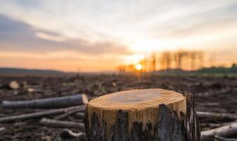 A tree stump in the middle of a field with the sun setting behind it photo