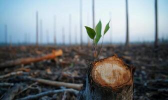 A young tree growing out of a stump in a field photo