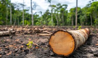 A large log sits in the middle of a forest photo