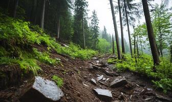 A trail in the forest with rocks and trees photo
