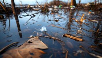 Plastic bottles are floating in a swamp photo