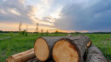 Logs in a field with a sunset in the background photo