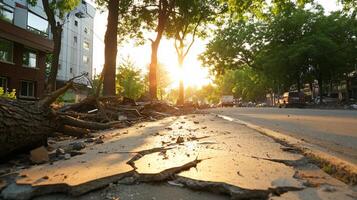 Sunset illuminating a cracked sidewalk with fallen branches nearby. photo