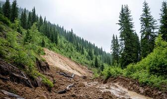 A landscape showing a muddy area after a landslide in a forested region. photo
