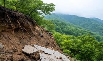 A landslide revealing soil and roots in a lush mountainous area. photo