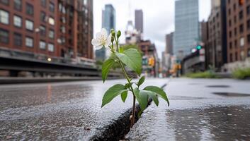 A flower grows through a crack in the urban pavement, symbolizing resilience. photo