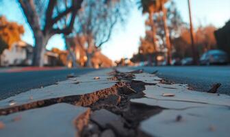 A close-up of cracked pavement along a tree-lined street. photo