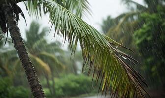 A close-up of a palm tree during heavy rain in a tropical setting. photo