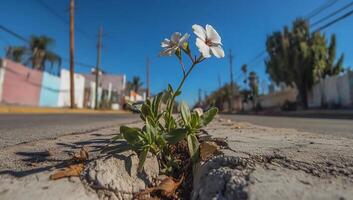 A resilient flower growing through a crack in the pavement under a clear sky. photo